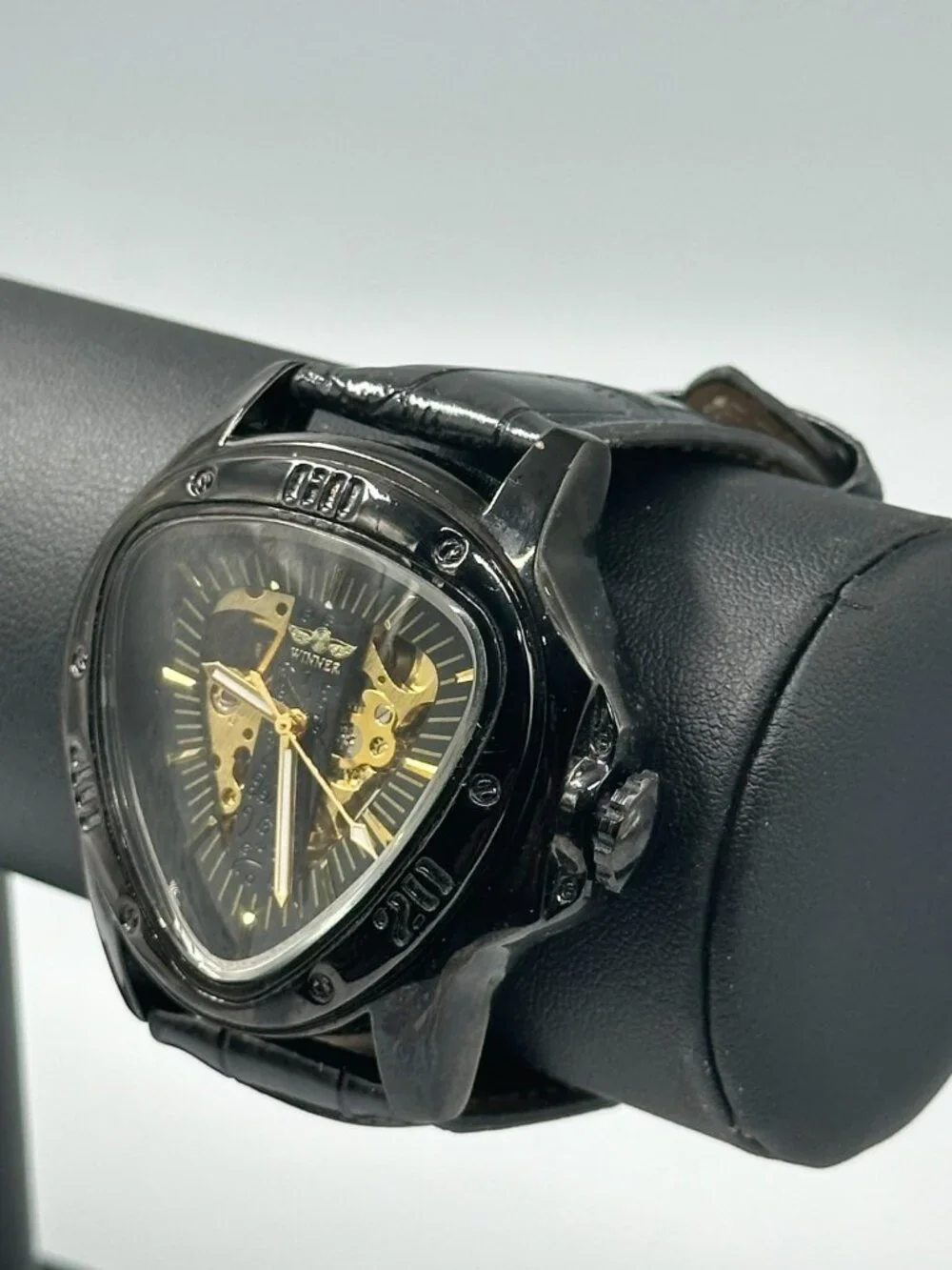 Winner Automatic Watch 49mm Black Triangle Case Skeleton Dial Leather Band